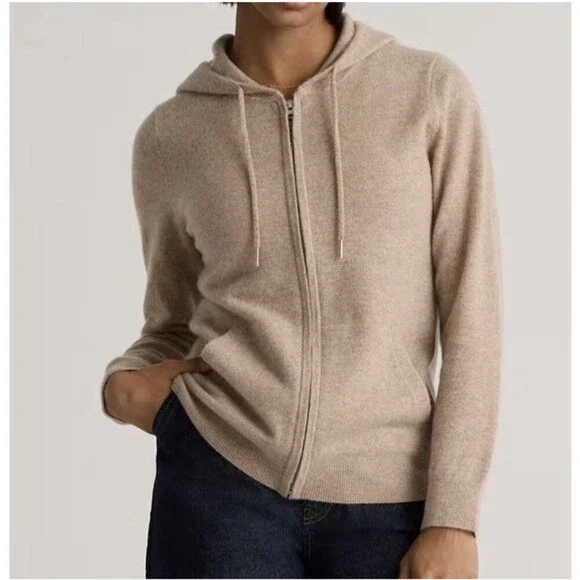 Quince Mongolian Cashmere Full-Zip Hoodie Sweater Small Women's Oatmeal - Picture 1 of 13